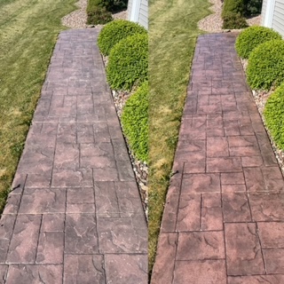 Before and after pressure washing comparison of a brick sidewalk and pathway in Fond du Lac, showing dirt and stain removal results