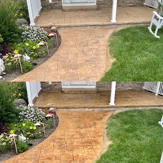 Before and after patio pressure washing in Fond du Lac, Wisconsin showing cleaned brick pavers next to untreated surface