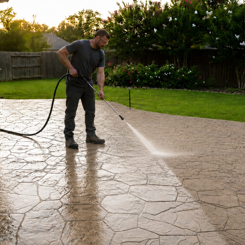 Man pressure washing a wet stamped concrete patio in a residential backyard with outdoor kitchen and landscaping