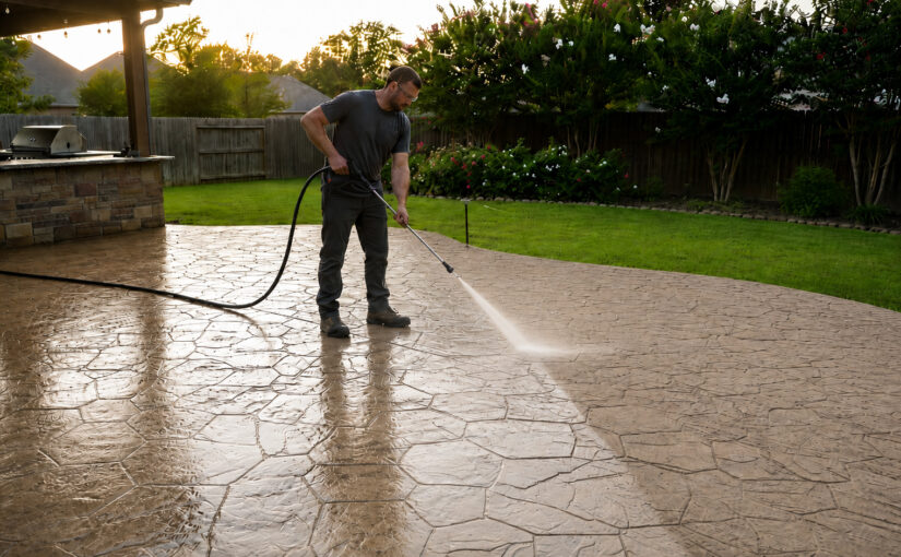 Man pressure washing a wet stamped concrete patio in a residential backyard with outdoor kitchen and landscaping