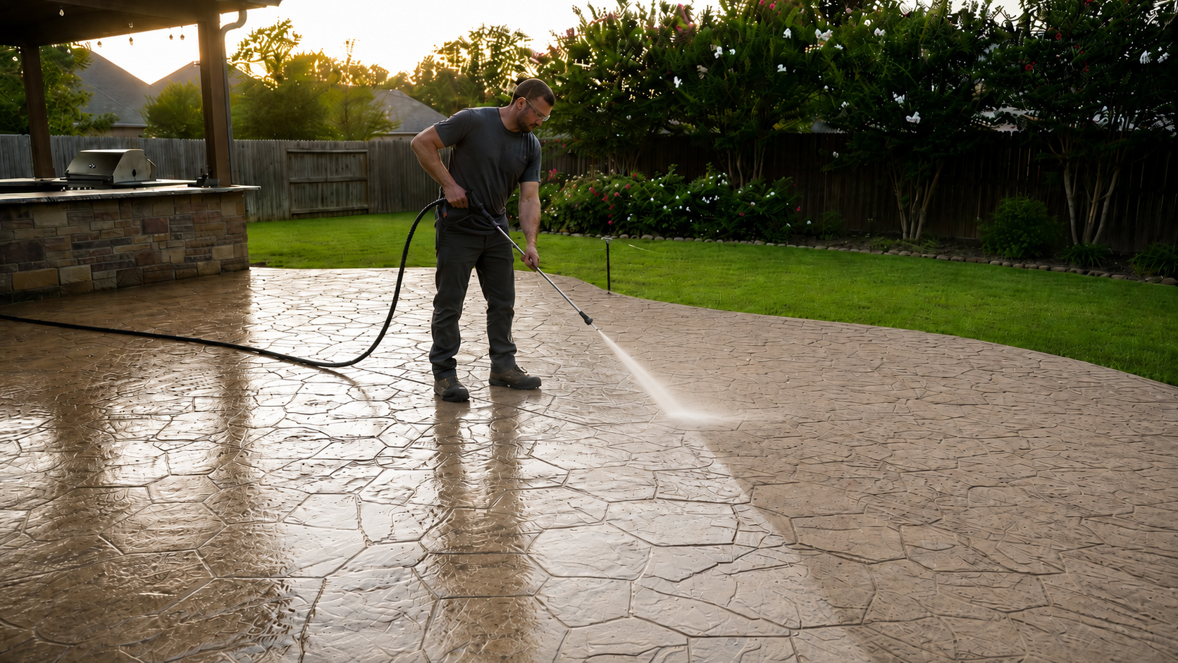 Man pressure washing a wet stamped concrete patio in a residential backyard with outdoor kitchen and landscaping