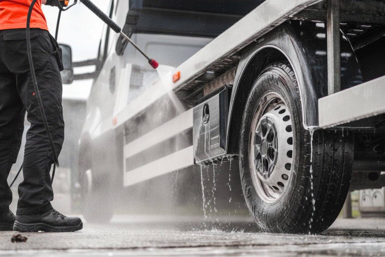 Worker pressure washing the undercarriage and wheel area of a white commercial truck during fleet washing service in Fond du Lac, Wisconsin