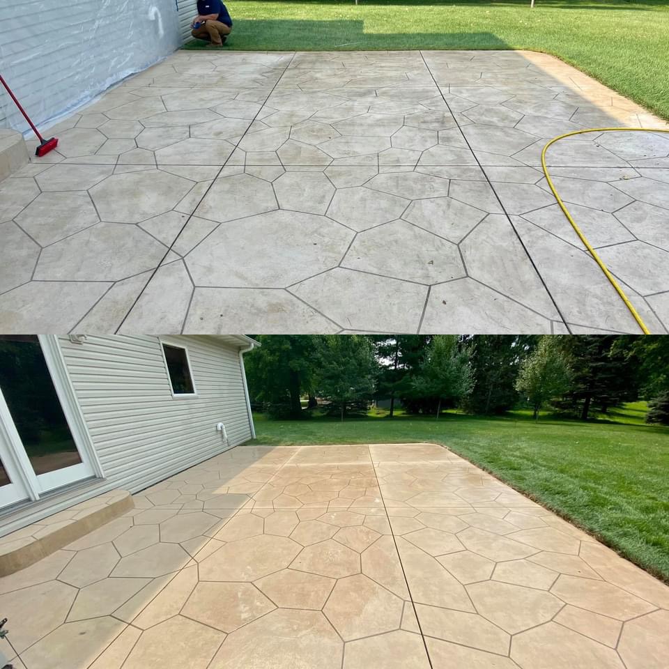 Before and after patio cleaning showing concrete stamped pavement transformation from dirty gray to clean tan surface